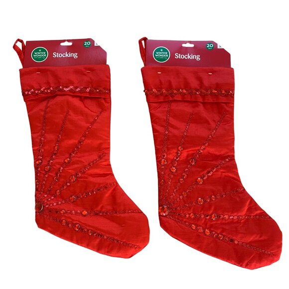 Winter Wonder Red Christmas Stockings Set 2 Satin Love Couple Sequin Starburst - Picture 9 of 11